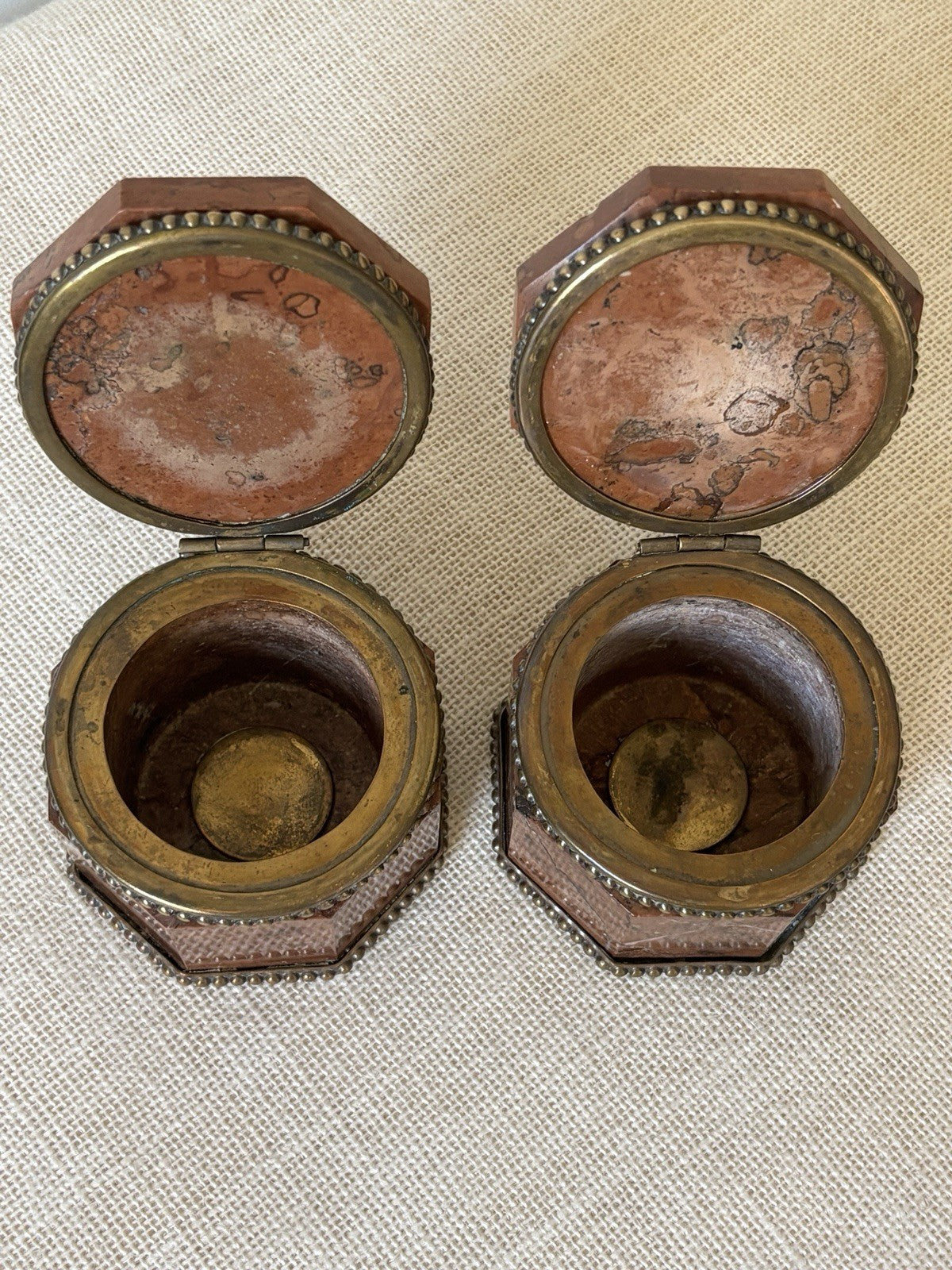 Antique 19th Century Red Marble Bronze Boxes / Inkwells