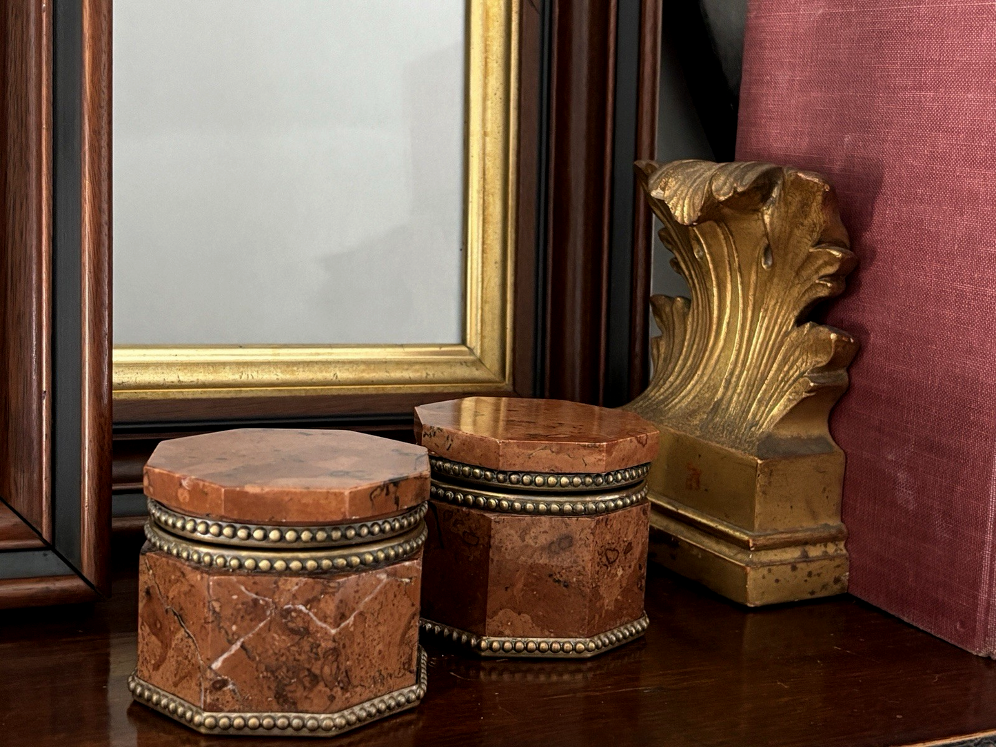 Antique 19th Century Red Marble Bronze Boxes / Inkwells