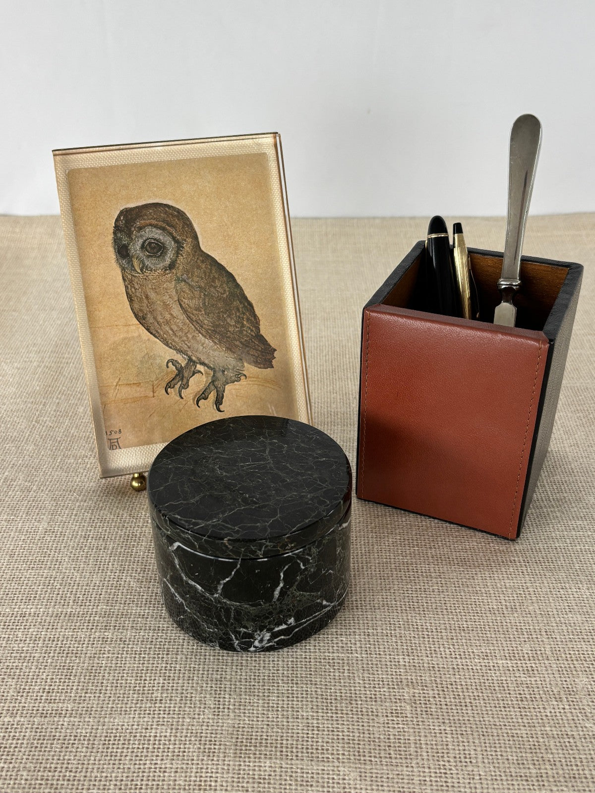 Italian stitched Leather & Wood Pencil / Pen Cup