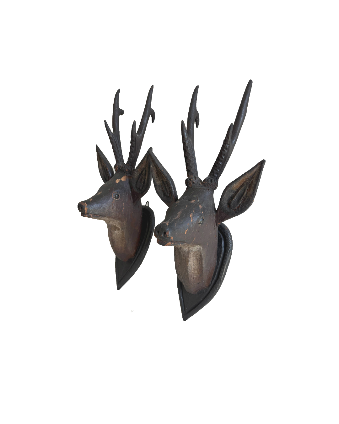 Antique Hand Carved Wood Mounted Roe Deer Head Pair