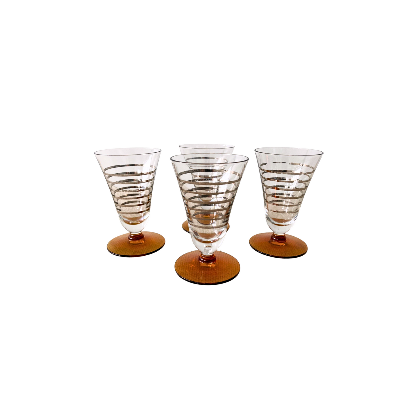 Art Deco Crystal Cocktail Glasses with Amber Foot & Silver Stripes
