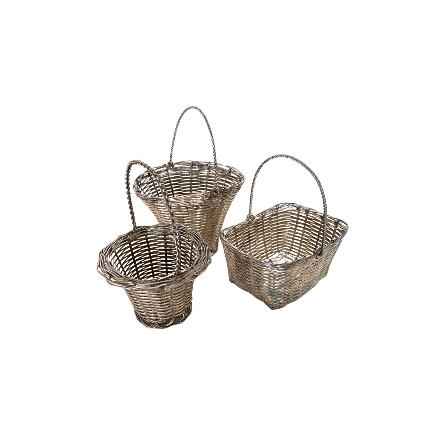 European Silverplate Woven Baskets with Movable Handles, Set of 3