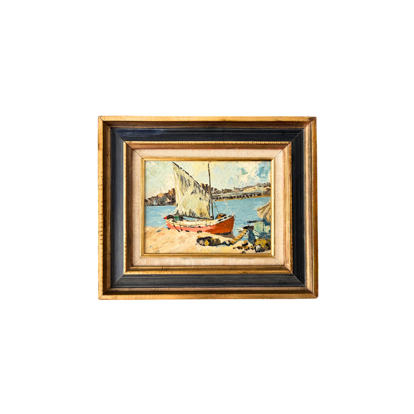 Mid century oil painting "GREEK FISHING BOAT RHODES" Dorothy W. Taylor