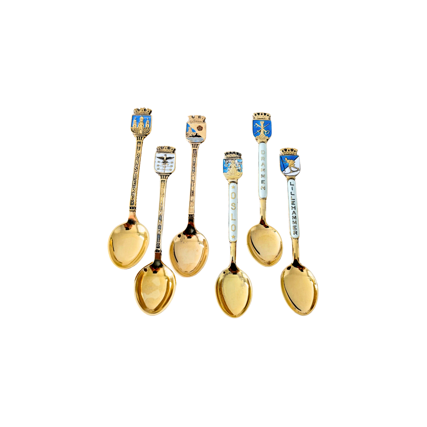 Gilt sterling enamel Norway Cities souvenir Demitasse Spoons