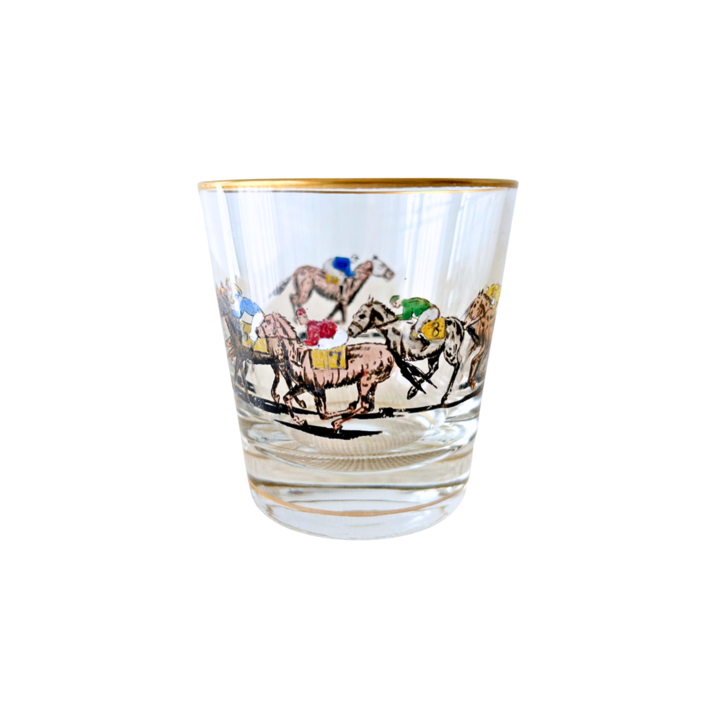 1940s hand painted Race Horse & Jockey Old Fashioned or Rocks Glass
