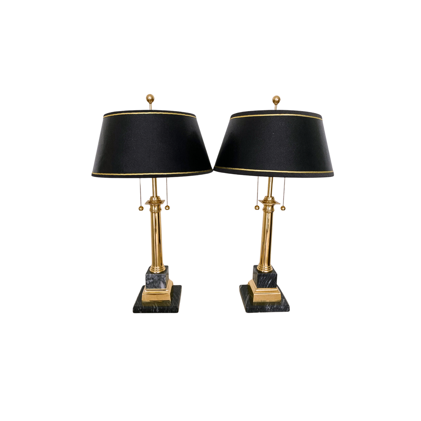 Neoclassical Brass & Black Marble Table Lamps with Original Shades