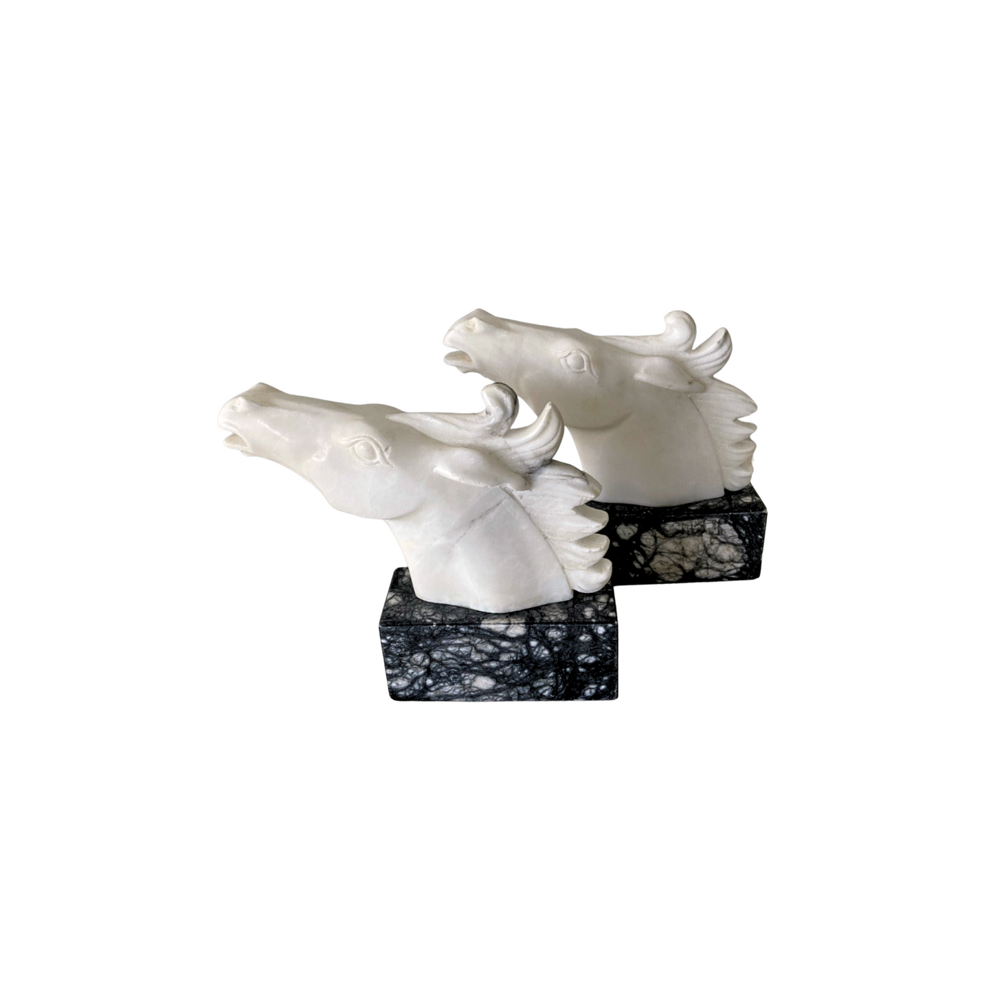 Italian hand carved white & grey marble Horse Head Bookends