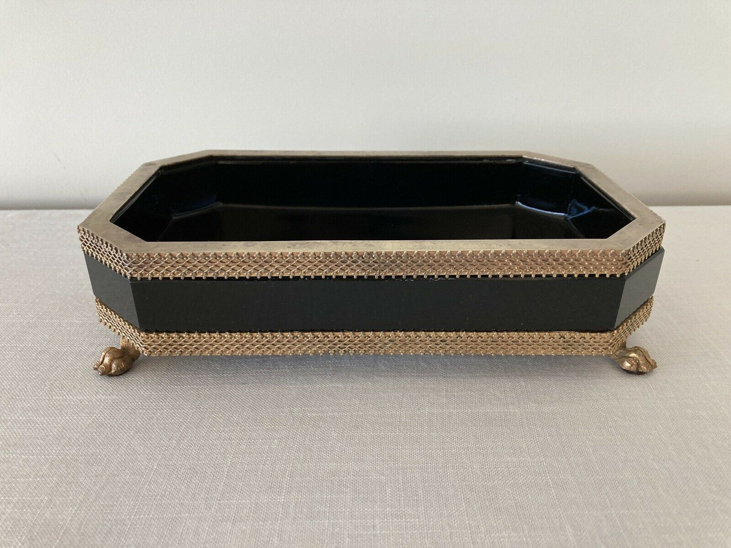 Black Opaline Glass And Brass Footed Centerpiece Planter Bowl