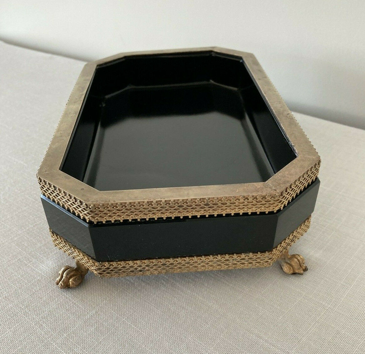 Black Opaline Glass And Brass Footed Centerpiece Planter Bowl