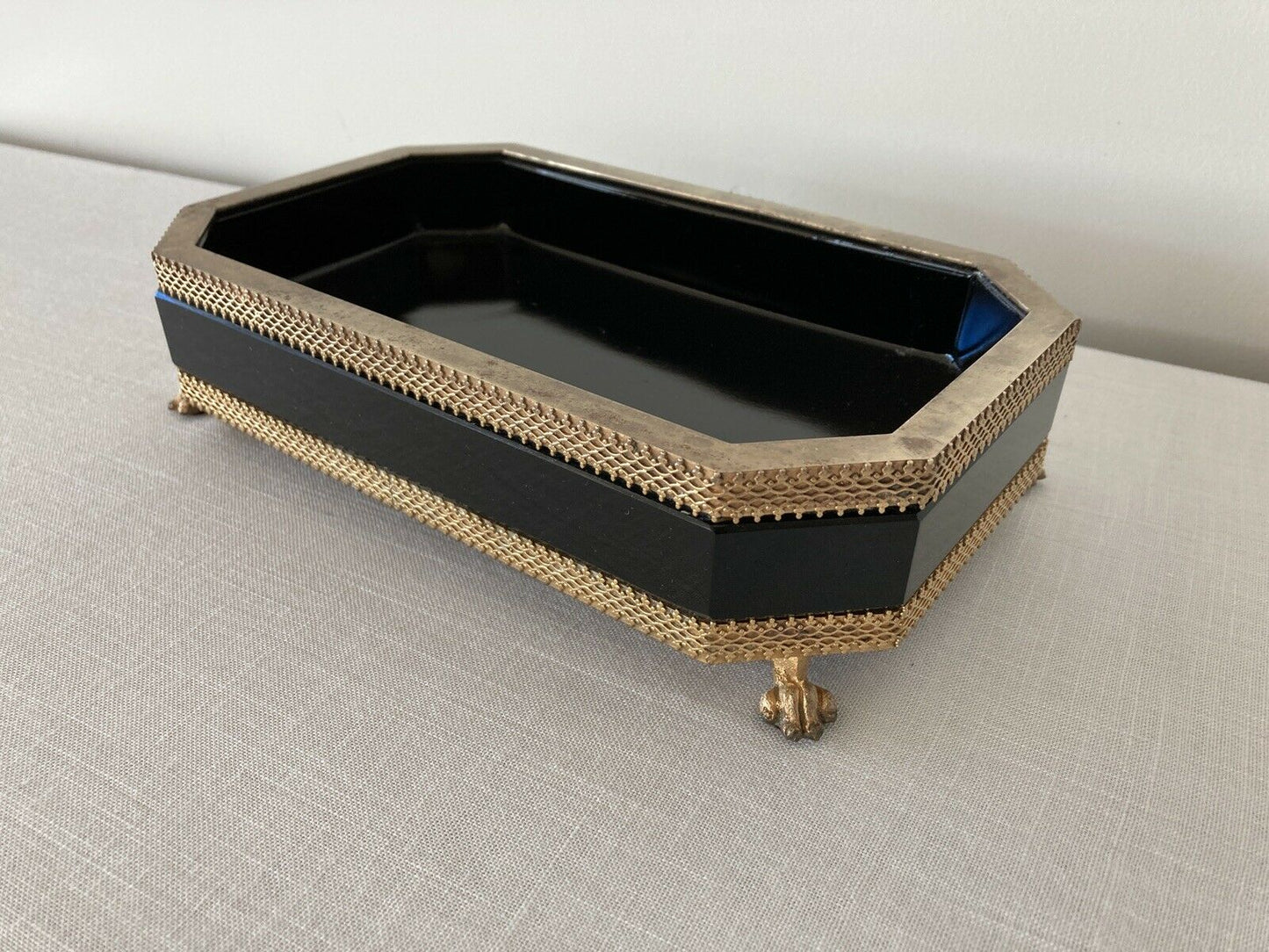 Black Opaline Glass And Brass Footed Centerpiece Planter Bowl