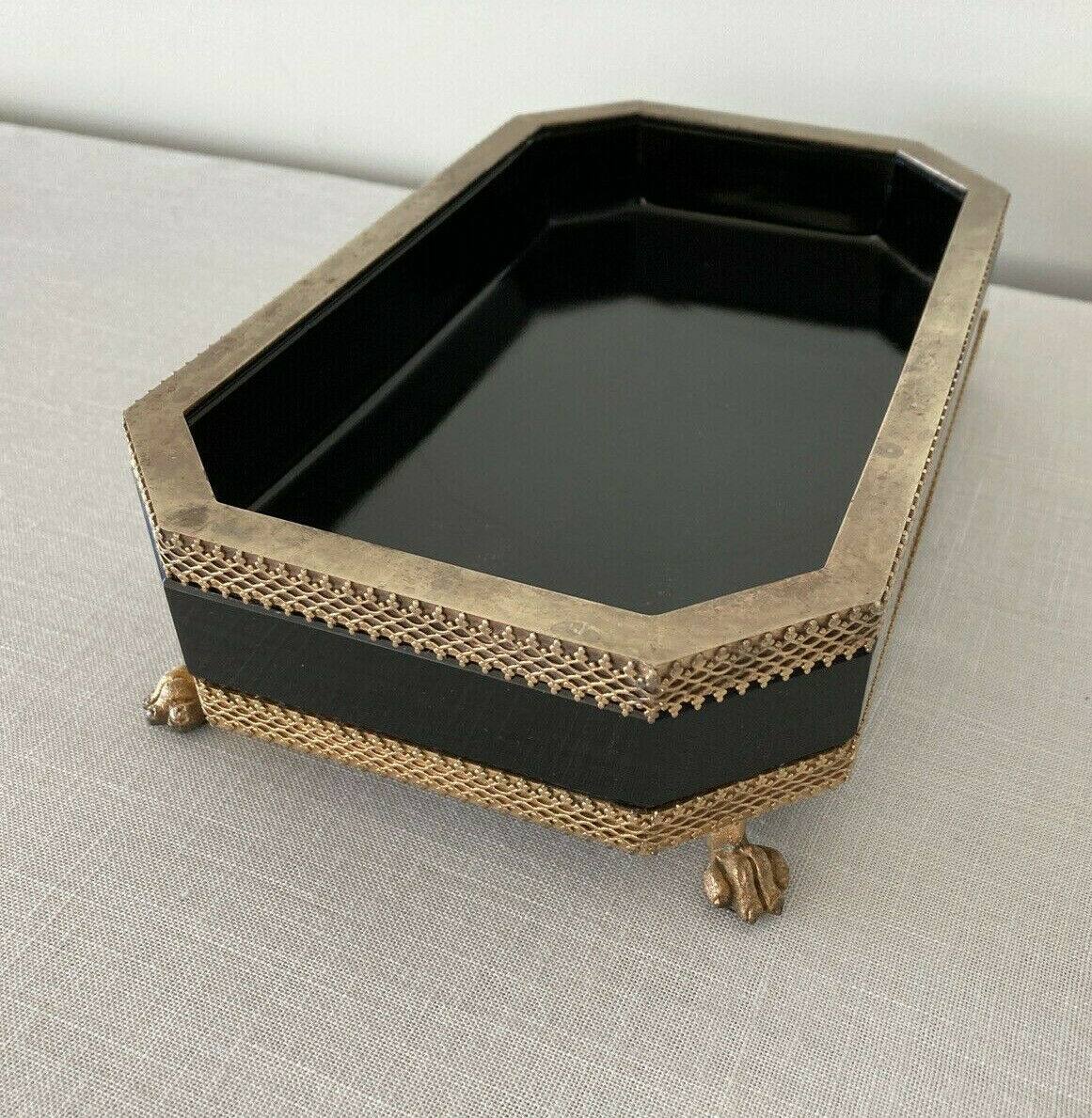 Black Opaline Glass And Brass Footed Centerpiece Planter Bowl
