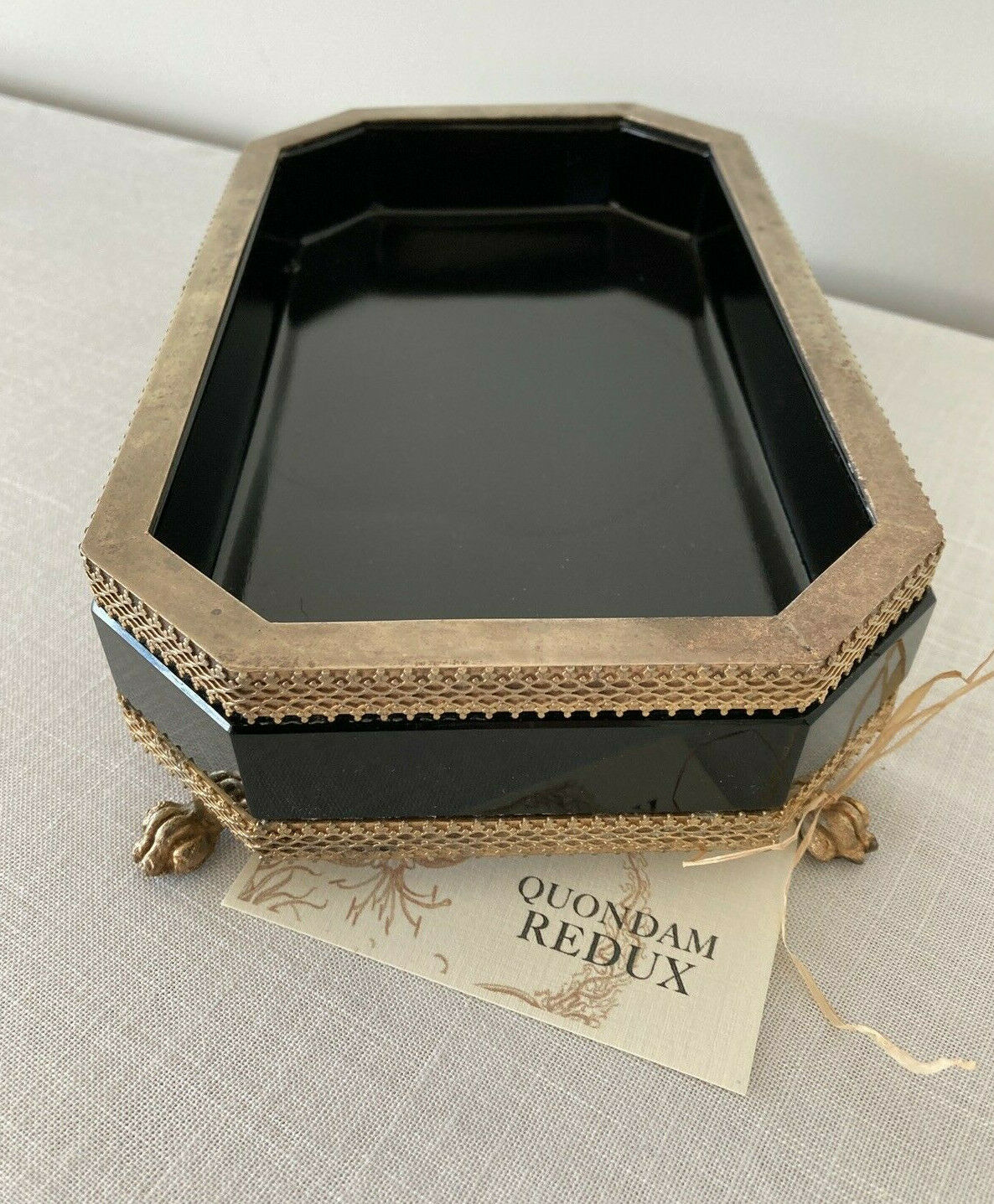 Black Opaline Glass And Brass Footed Centerpiece Planter Bowl