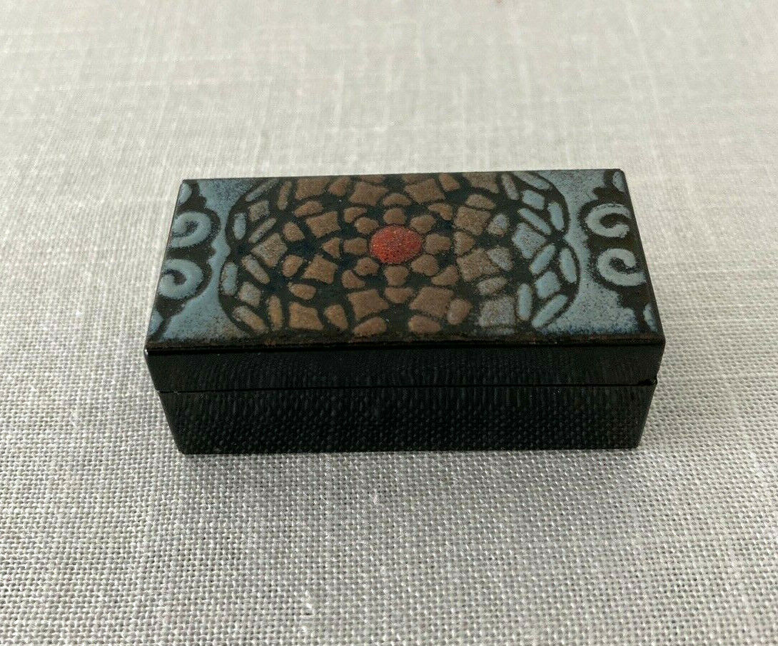 Mid Century Modern Enamel on Black Lacquer Pill or Jewelry Box