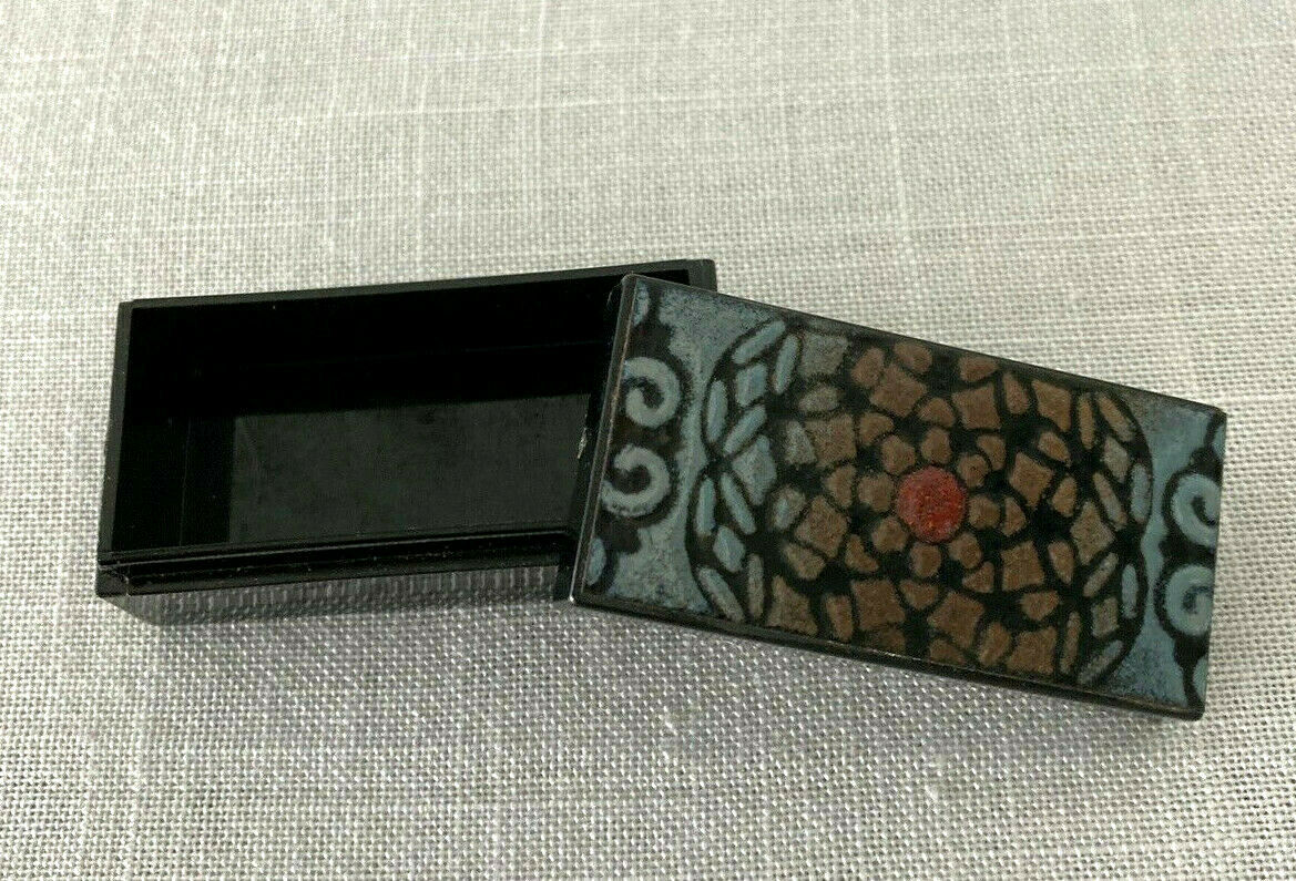 Mid Century Modern Enamel on Black Lacquer Pill or Jewelry Box