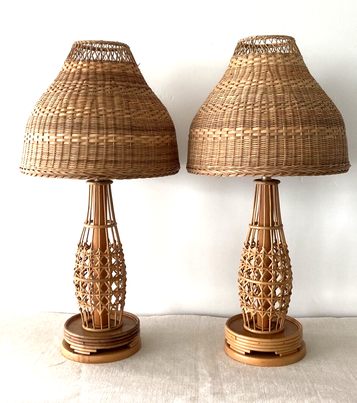 Rattan / Pencil Reed Lamps with Wicker Shades, a Pair