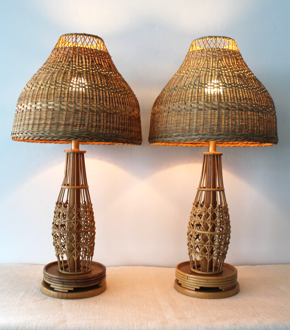 Rattan / Pencil Reed Lamps with Wicker Shades, a Pair