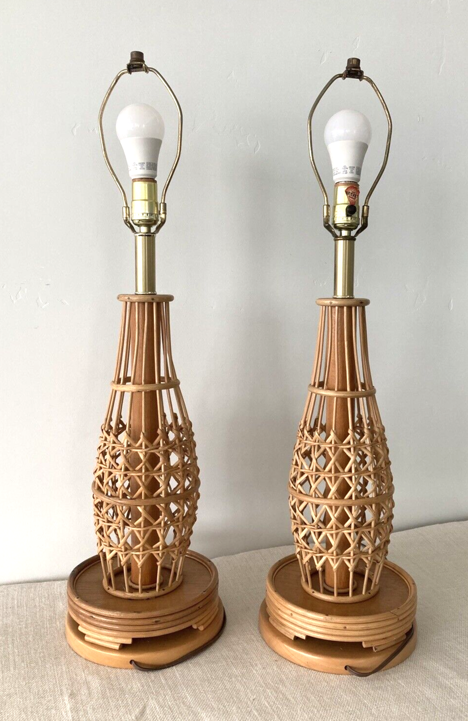 Rattan / Pencil Reed Lamps with Wicker Shades, a Pair