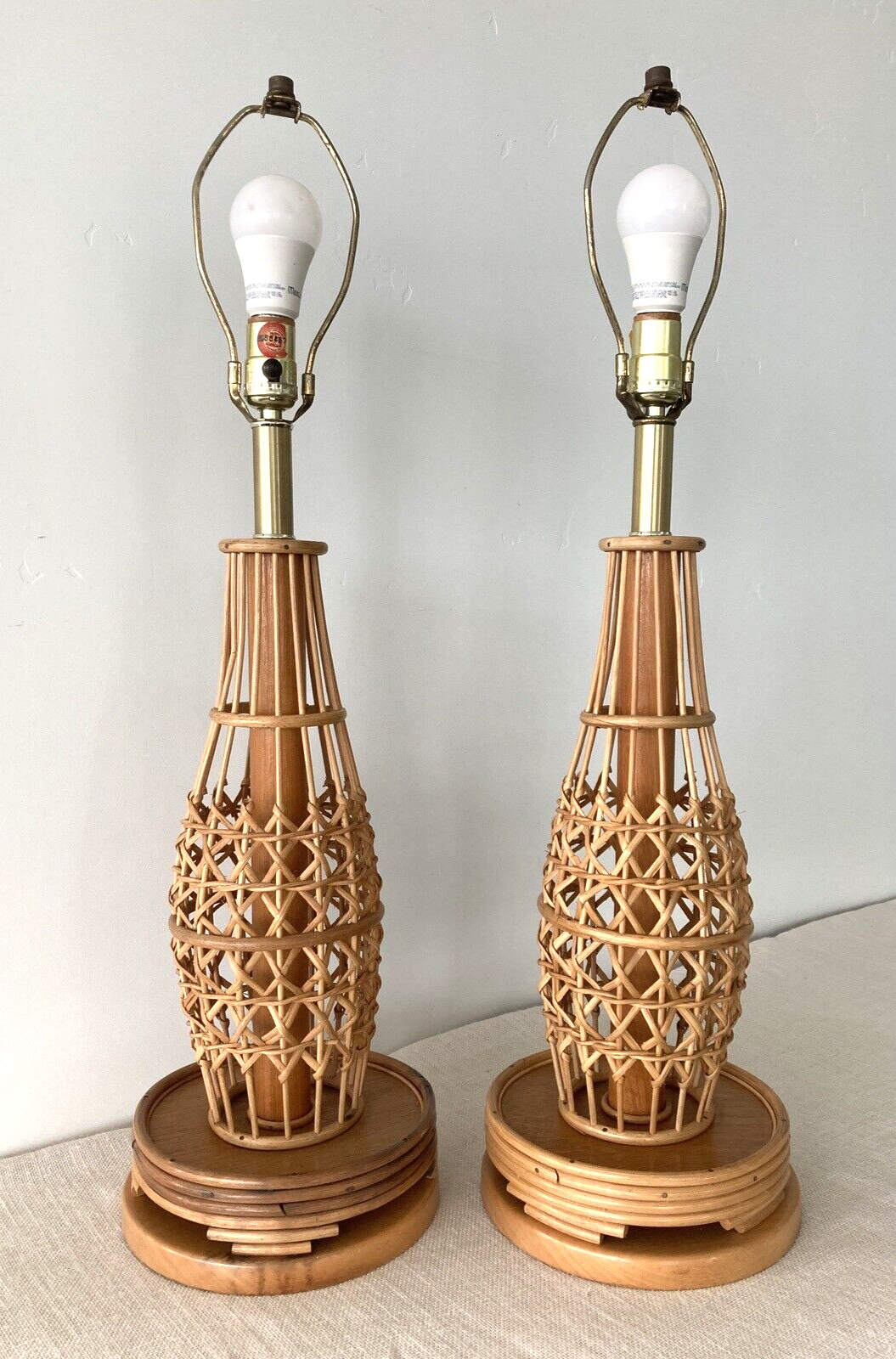 Rattan / Pencil Reed Lamps with Wicker Shades, a Pair