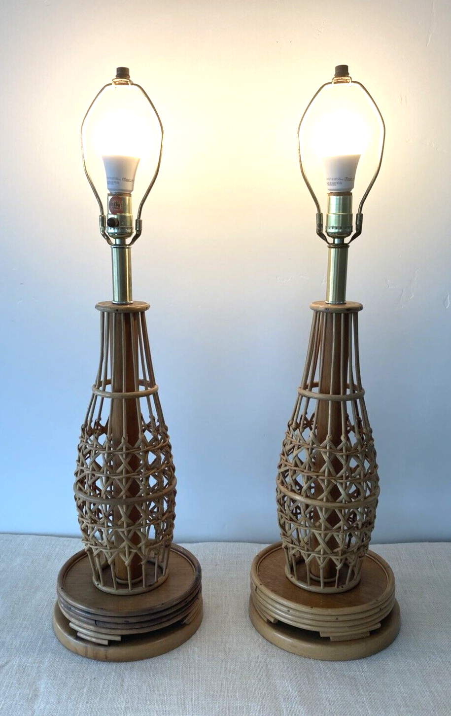 Rattan / Pencil Reed Lamps with Wicker Shades, a Pair
