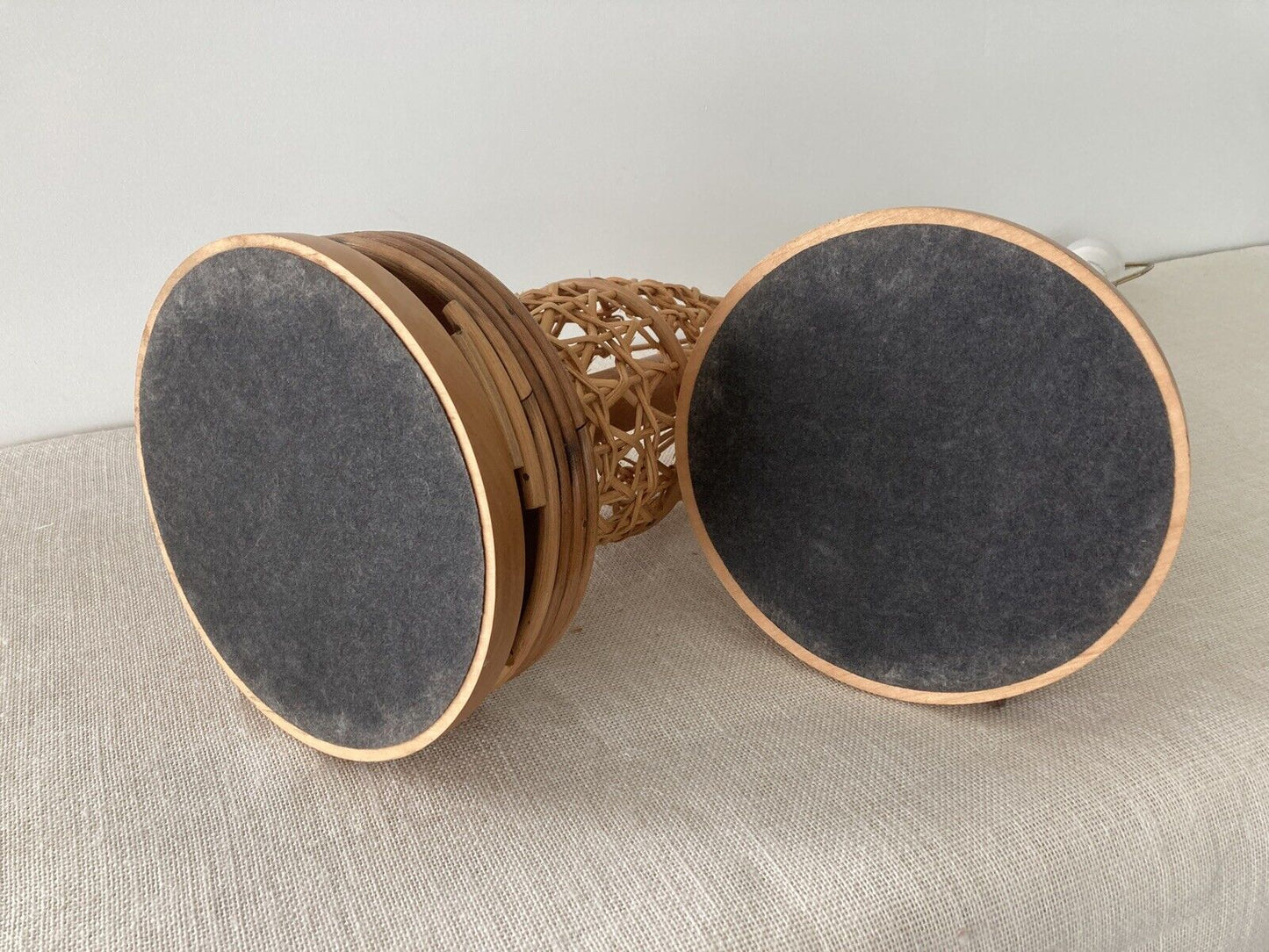 Rattan / Pencil Reed Lamps with Wicker Shades, a Pair