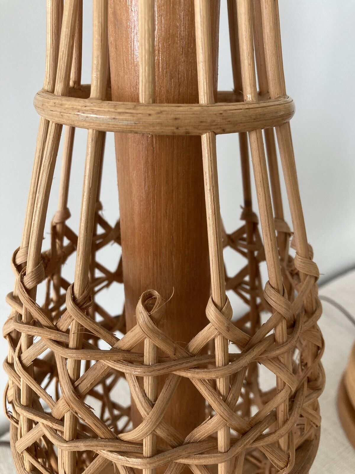 Rattan / Pencil Reed Lamps with Wicker Shades, a Pair
