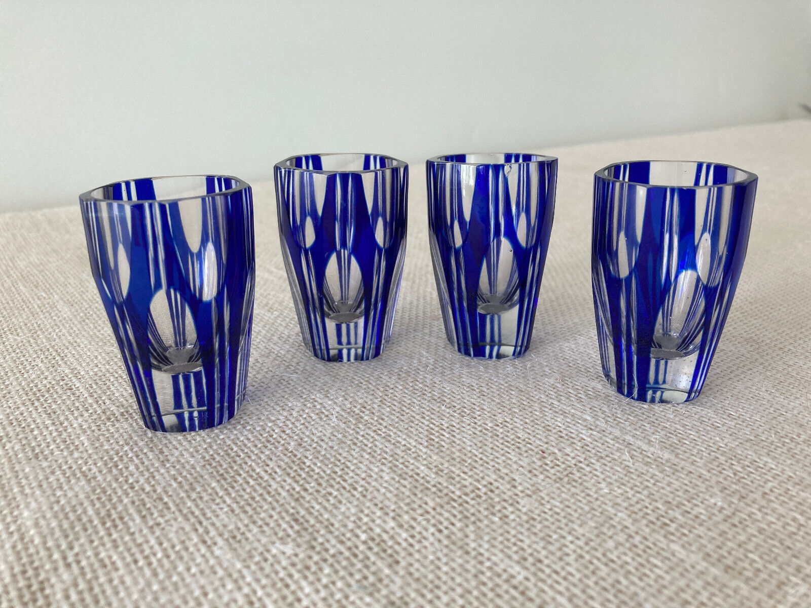 Czech bohemian Art Deco Shot popular / Cordial Glasses by Karl Palda cobalt blue cut to clear