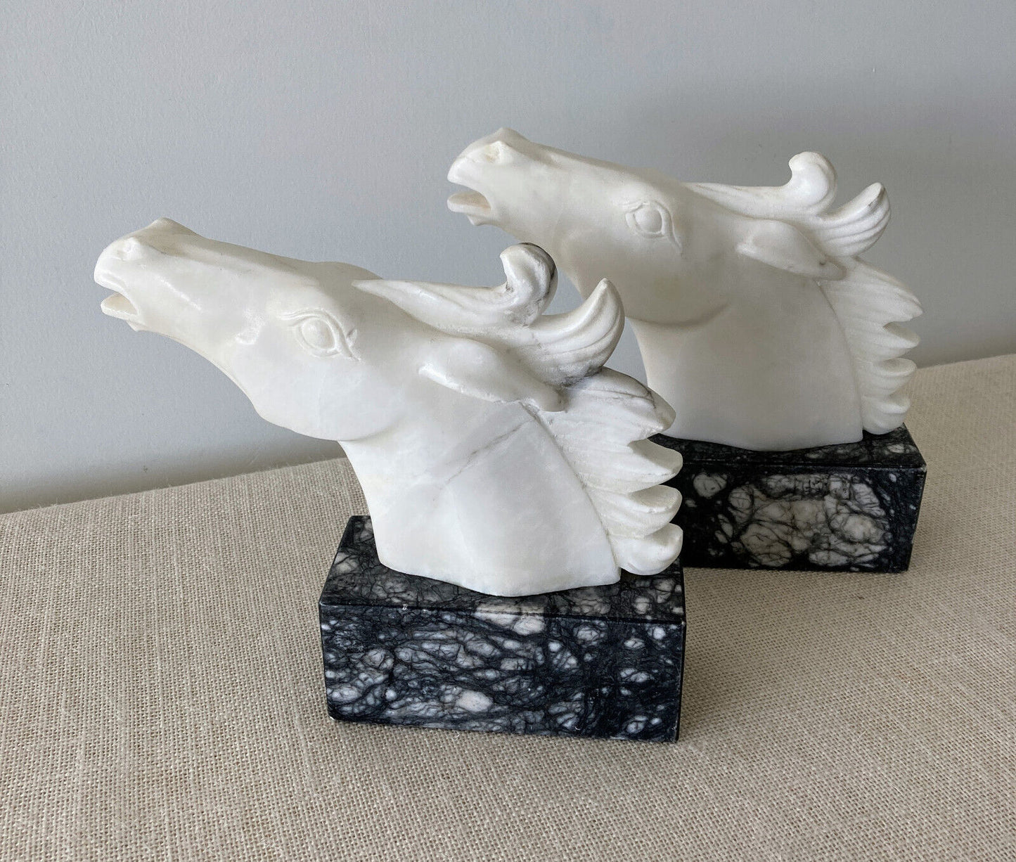 Italian hand carved white & grey marble Horse Head Bookends