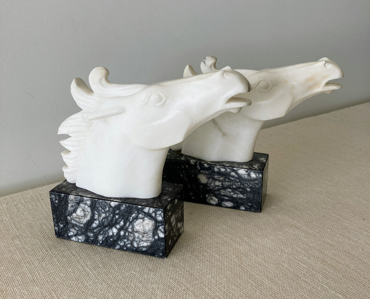Italian hand carved white & grey marble Horse Head Bookends
