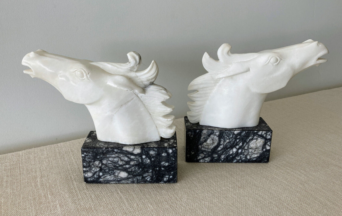 Italian hand carved white & grey marble Horse Head Bookends