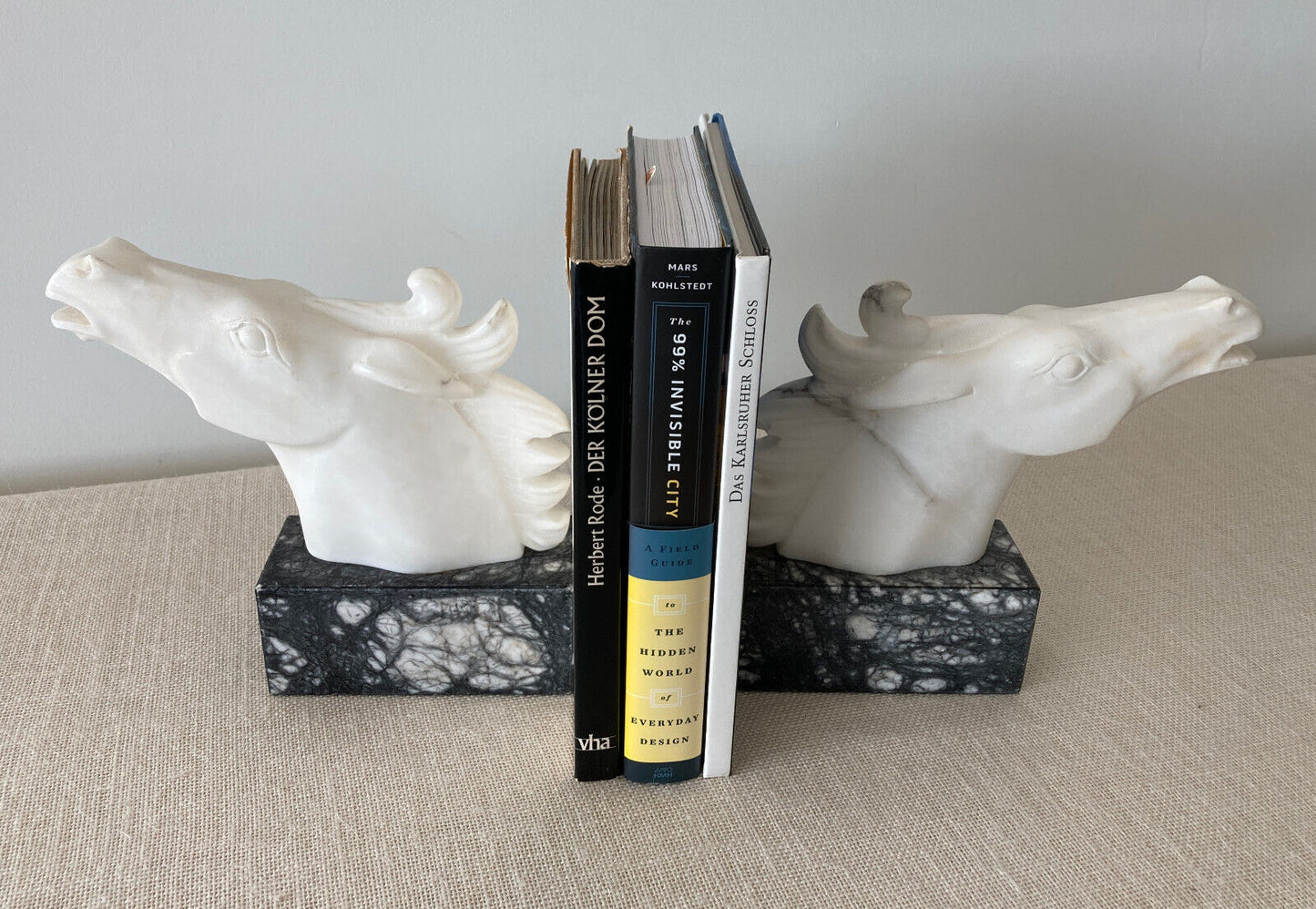 Italian hand carved white & grey marble Horse Head Bookends