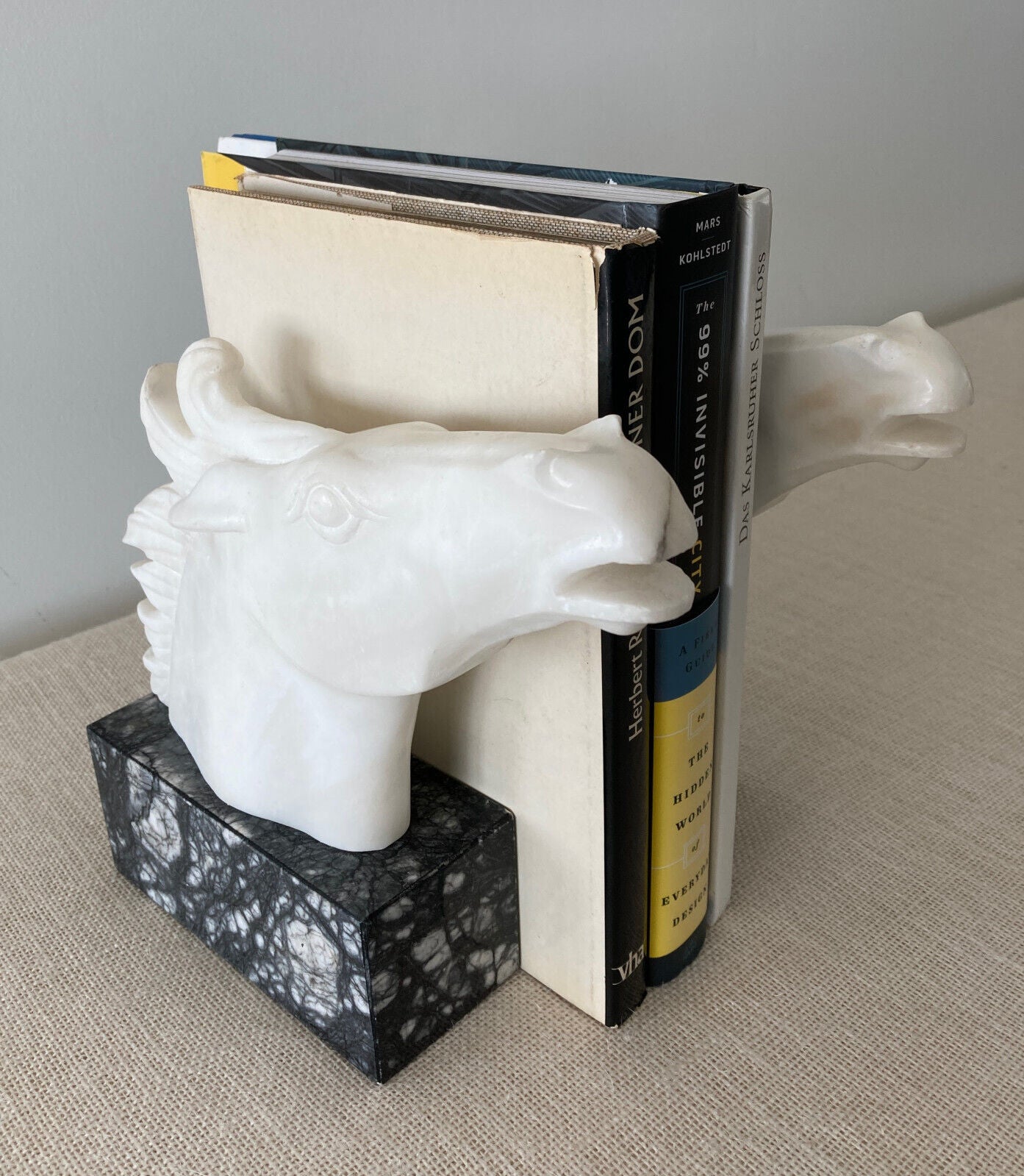 Italian hand carved white & grey marble Horse Head Bookends