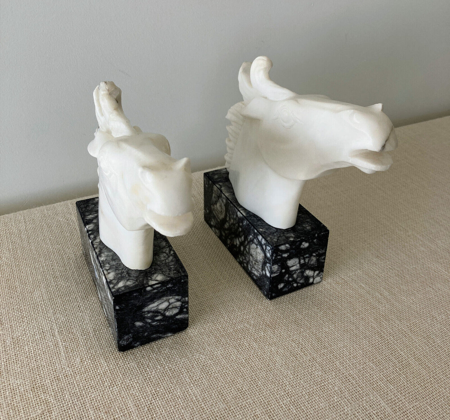 Italian hand carved white & grey marble Horse Head Bookends