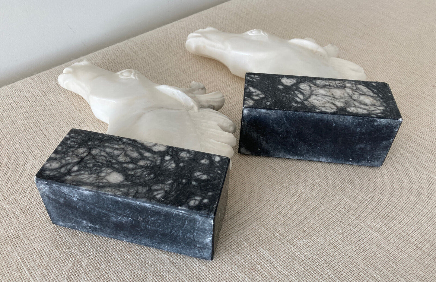 Italian hand carved white & grey marble Horse Head Bookends