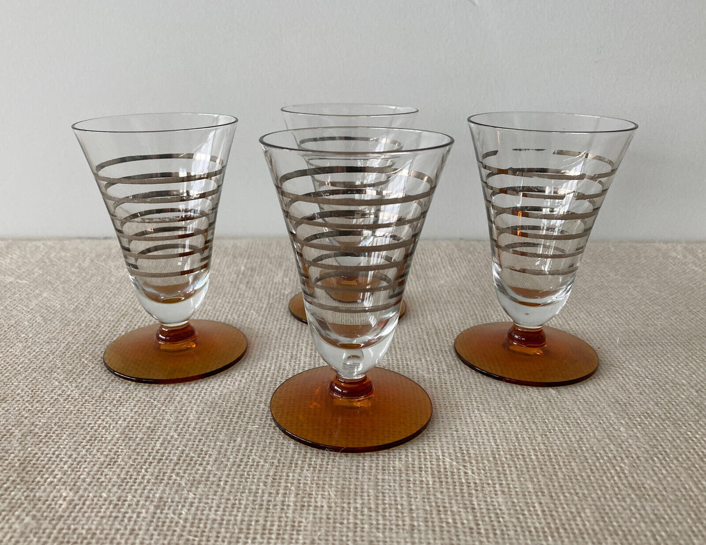 Art Deco Crystal Cocktail Glasses with Amber Foot & Silver Stripes