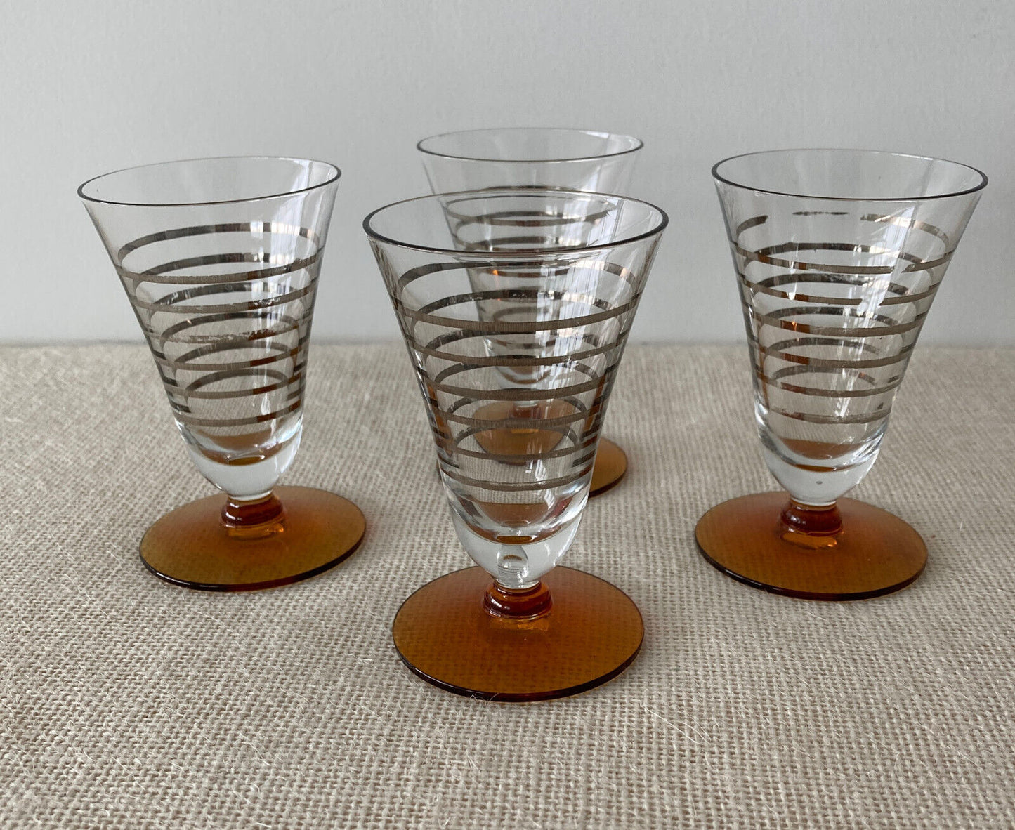 Art Deco Crystal Cocktail Glasses with Amber Foot & Silver Stripes
