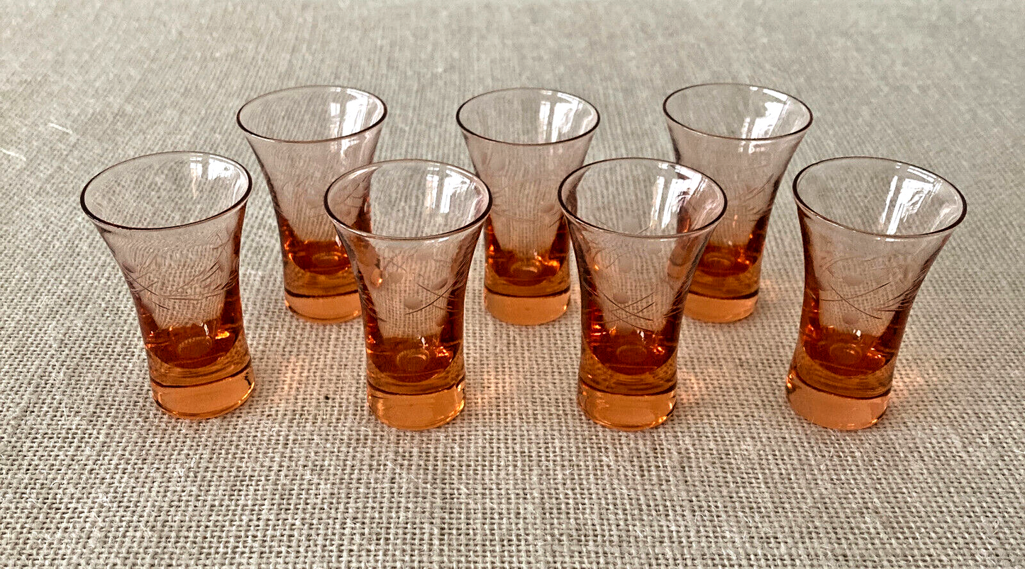 Art Deco Hand Blown Etched Apricot Color Shot or Cordial Glasses