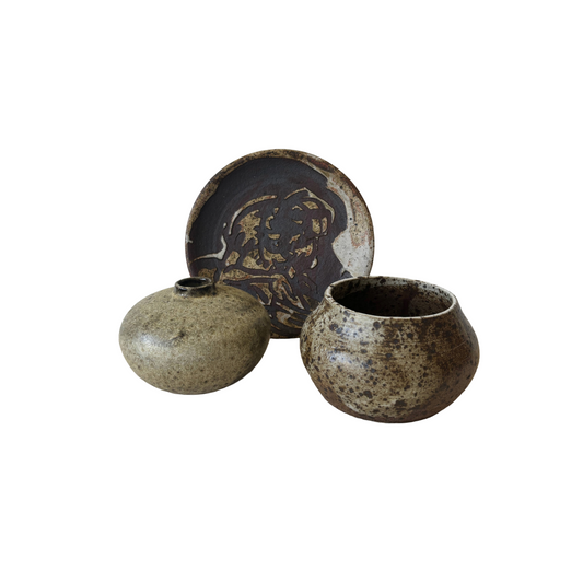 Mid Century Brown & Sage Glaze Studio Art Pottery, set of 3