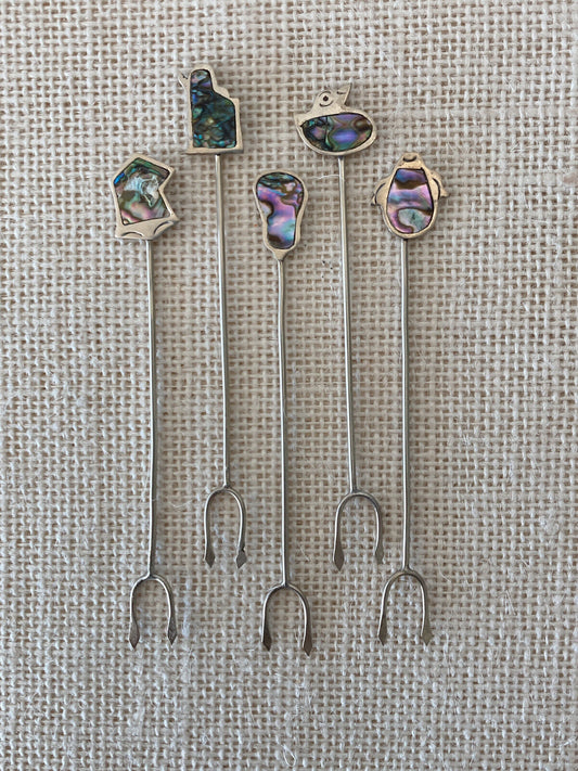 Alpaca Silver Abalone Cocktail Hors D'oeuvre Pick Fork,  Set of 5