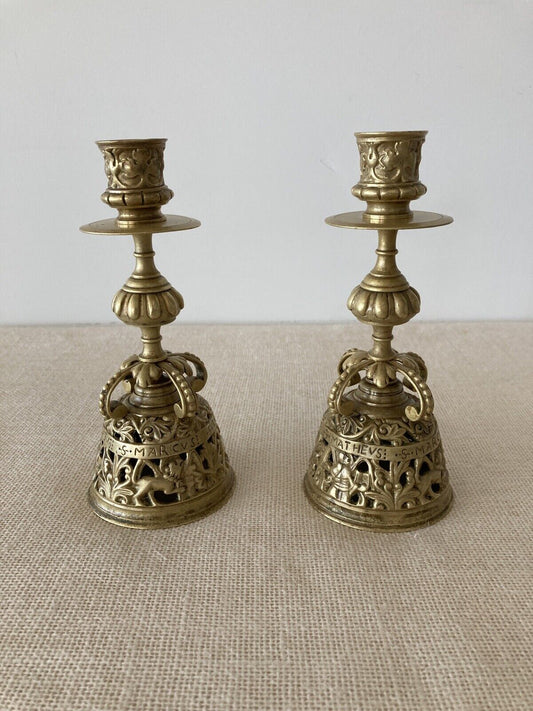 Antique 19th Century Gothic Brass Church Altar Candlesticks