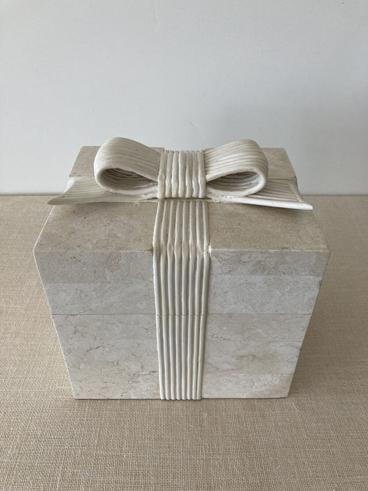 1980s Tessellated Travertine Stone Jewelry Box with Pencil Reed Bow