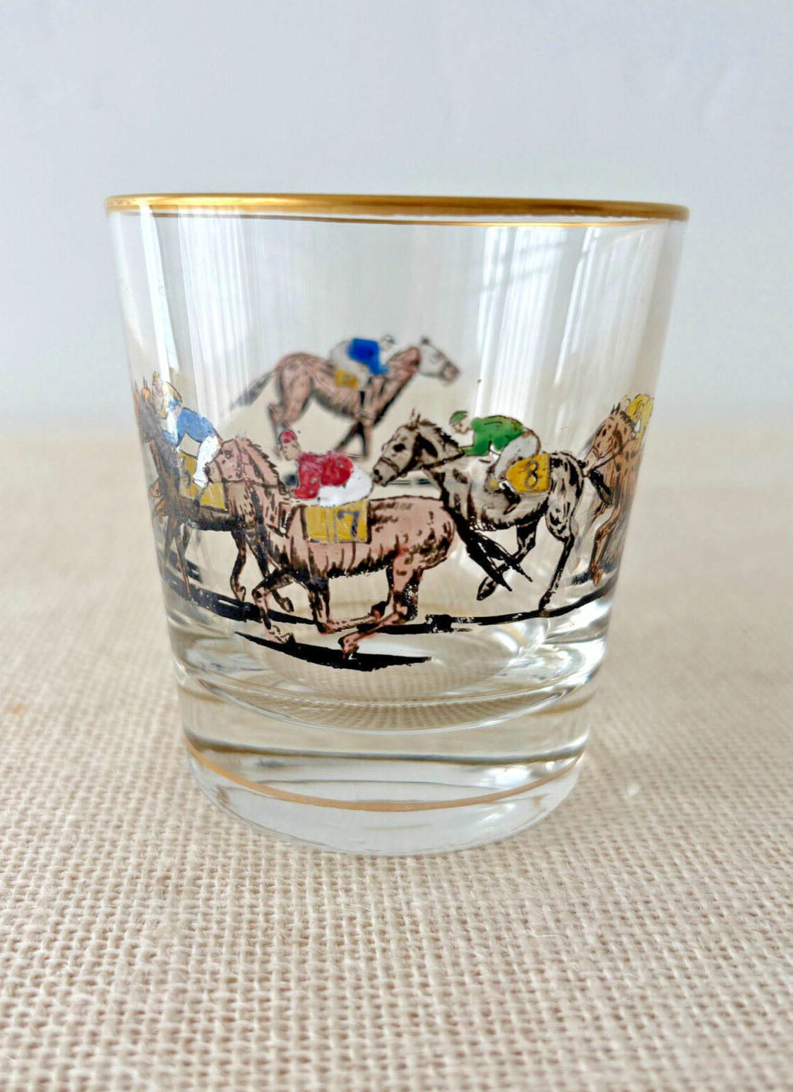 1940s hand painted Race Horse & Jockey Old Fashioned or Rocks Glass