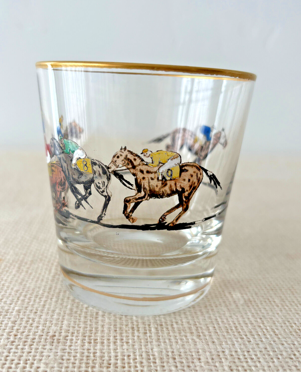 1940s hand painted Race Horse & Jockey Old Fashioned or Rocks Glass