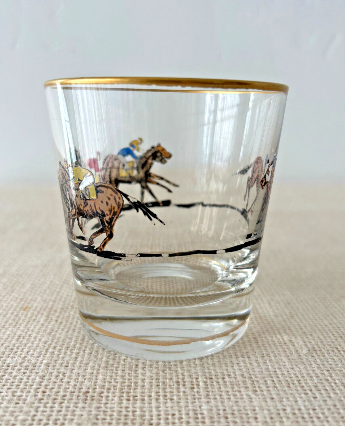 1940s hand painted Race Horse & Jockey Old Fashioned or Rocks Glass