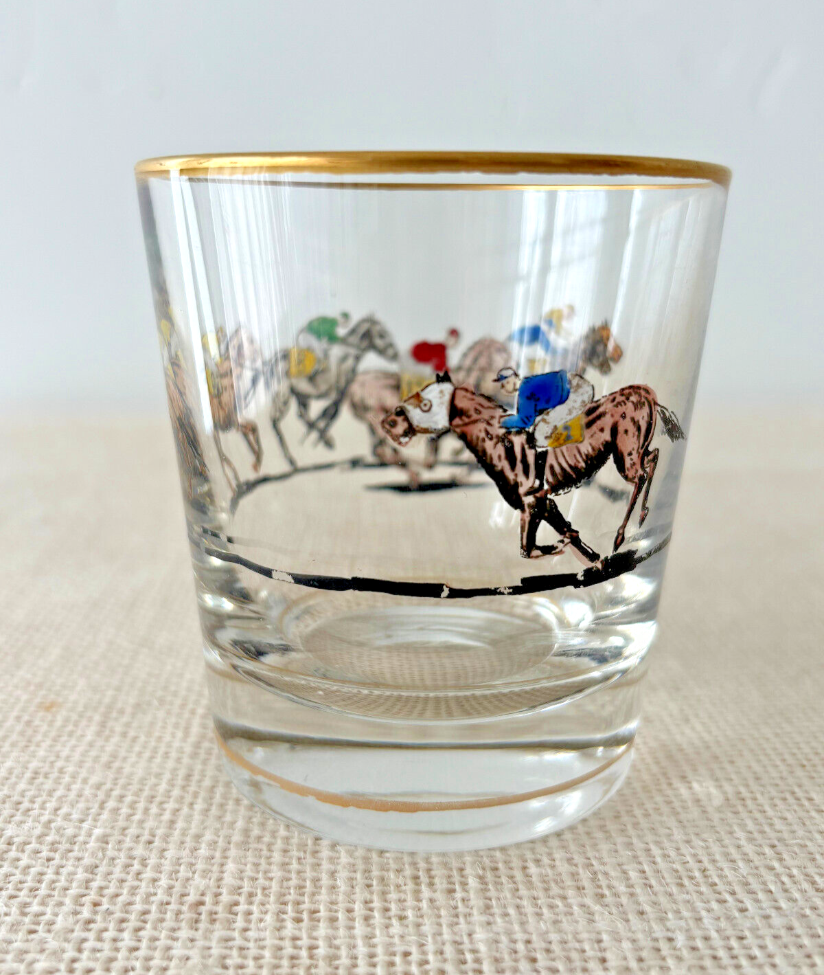 1940s hand painted Race Horse & Jockey Old Fashioned or Rocks Glass