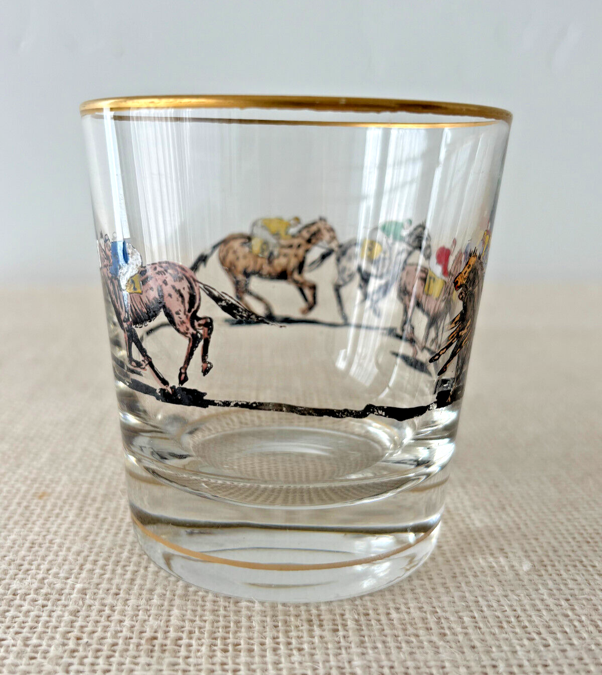 1940s hand painted Race Horse & Jockey Old Fashioned or Rocks Glass