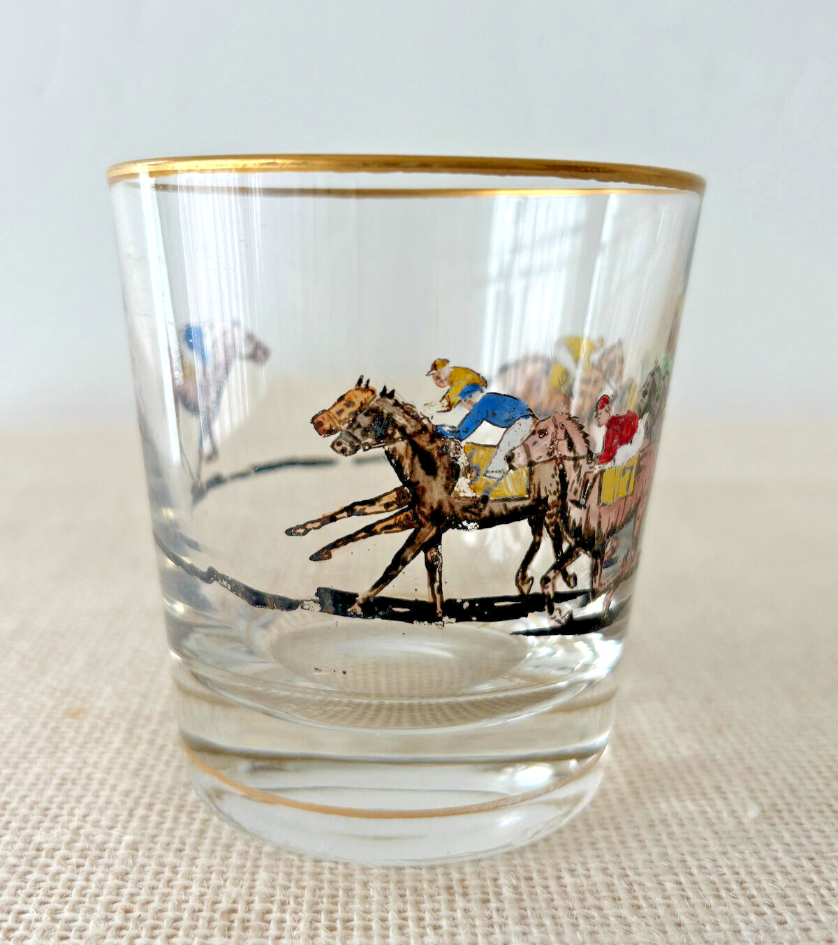 1940s hand painted Race Horse & Jockey Old Fashioned or Rocks Glass