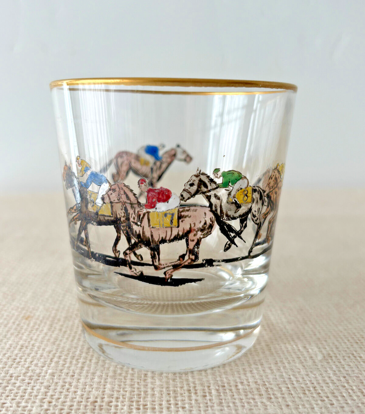 1940s hand painted Race Horse & Jockey Old Fashioned or Rocks Glass