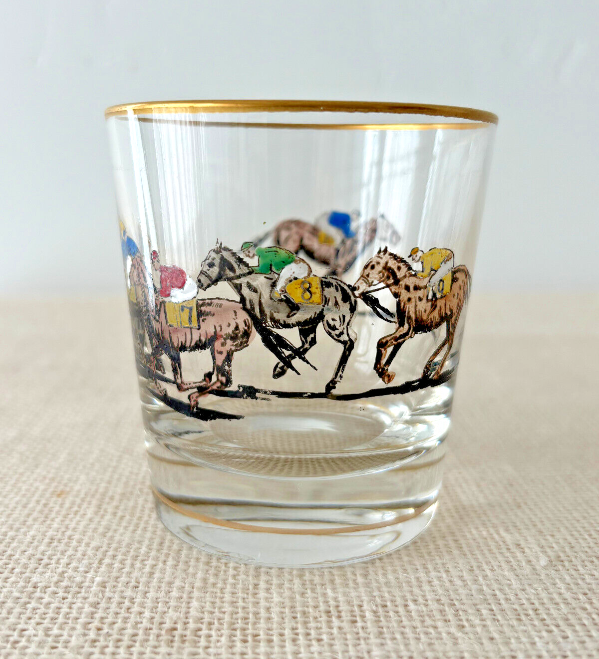 1940s hand painted Race Horse & Jockey Old Fashioned or Rocks Glass