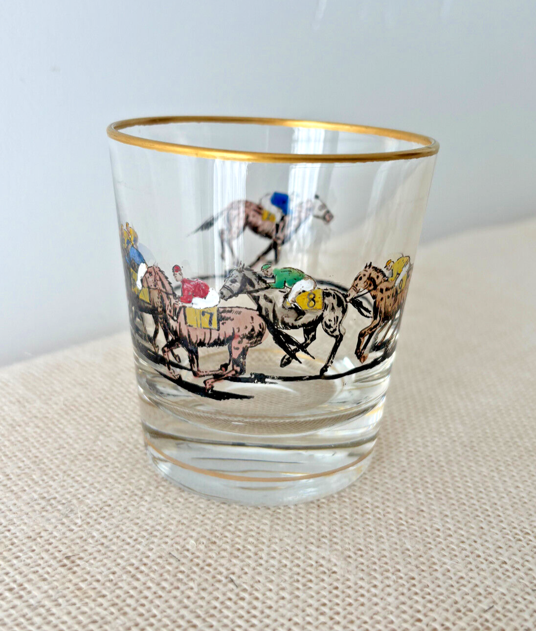 1940s hand painted Race Horse & Jockey Old Fashioned or Rocks Glass