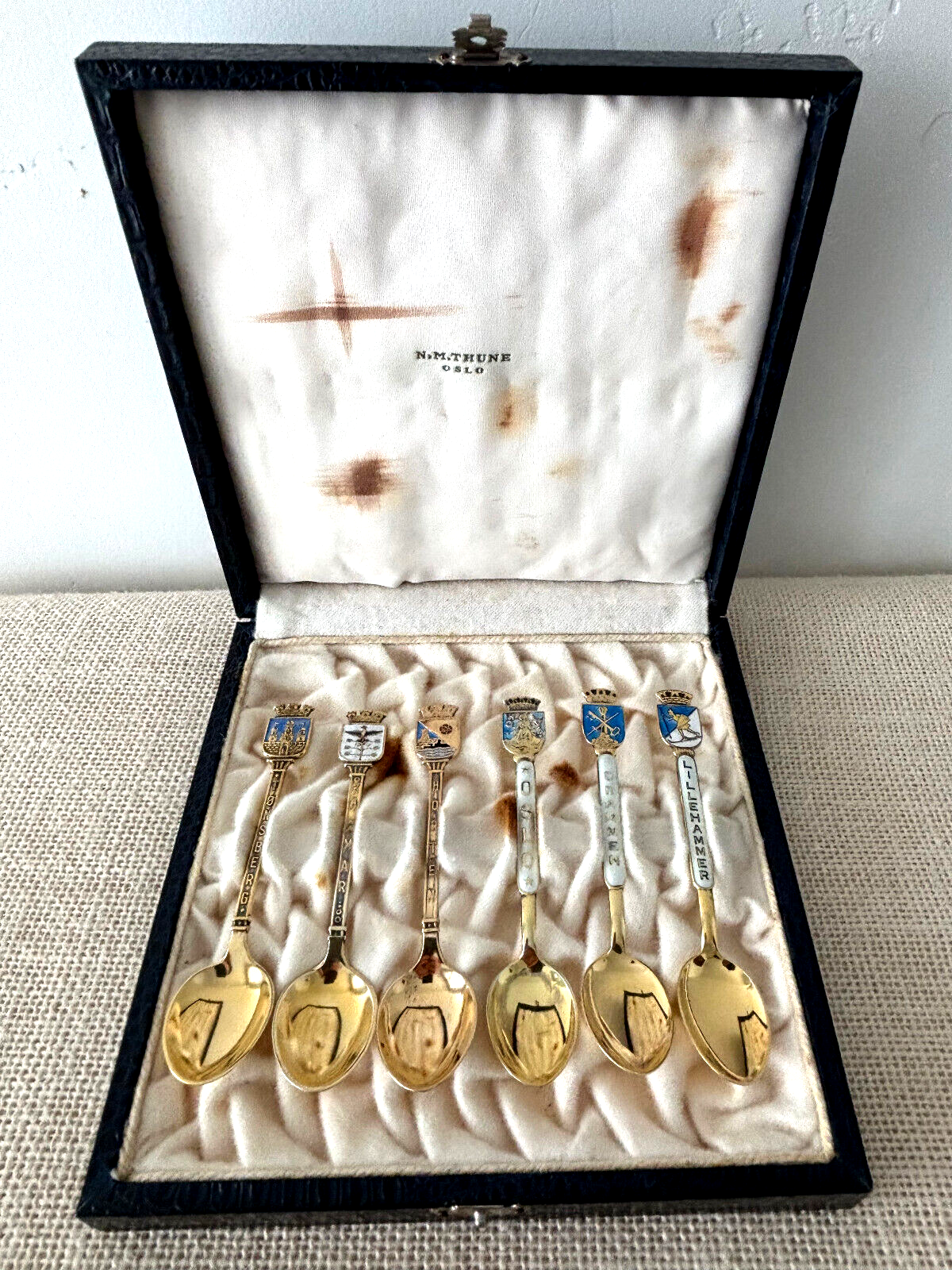 Gilt sterling enamel Norway Cities souvenir Demitasse Spoons